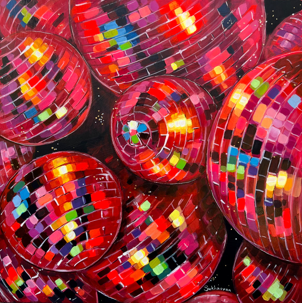 Archival giclée print of the Original acrylic painting Red Disco Balls by Victoria Sukhasyan.