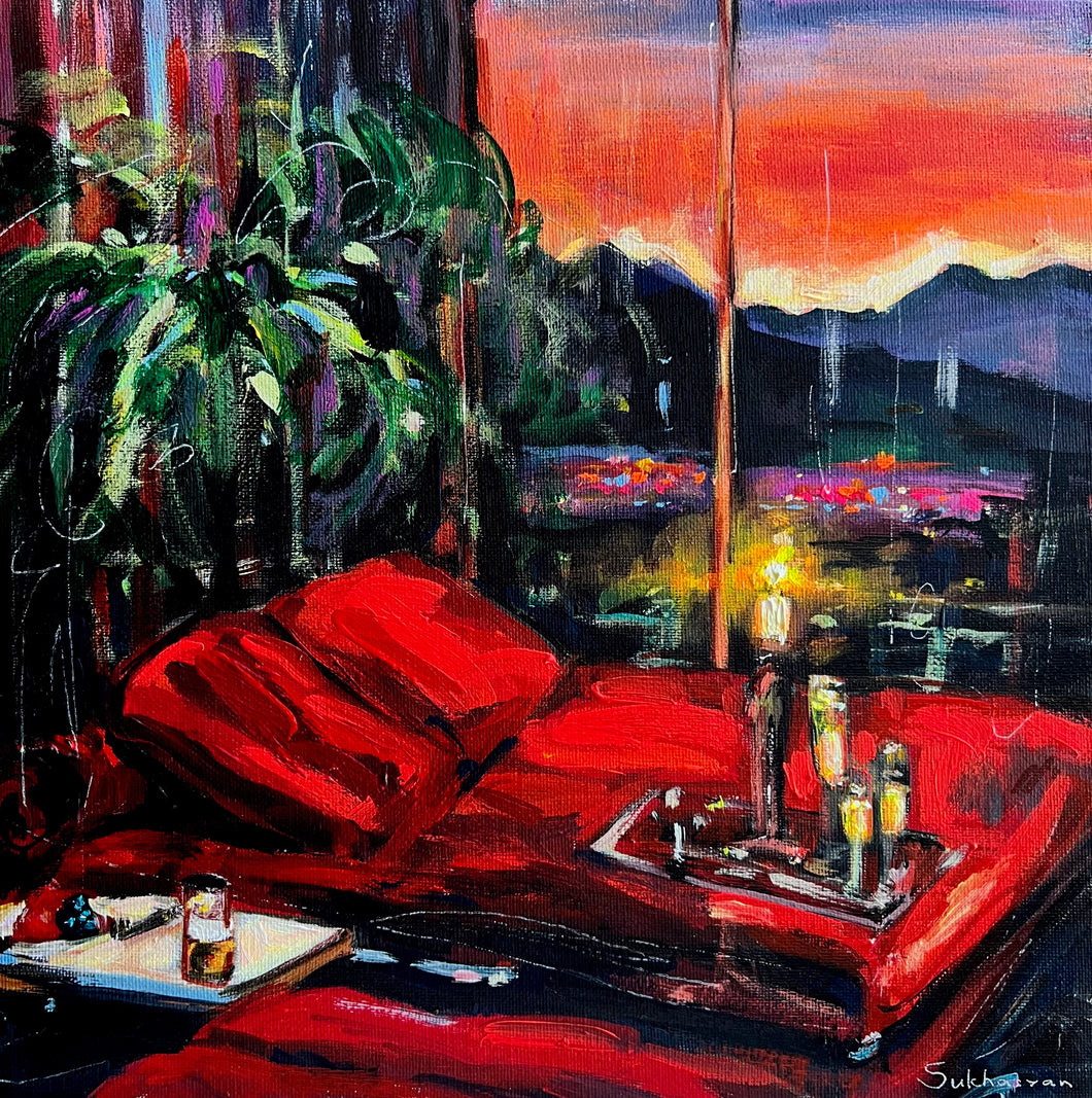 Interior with Red Couch,Candles and Champagne. Los Angeles Cityscape