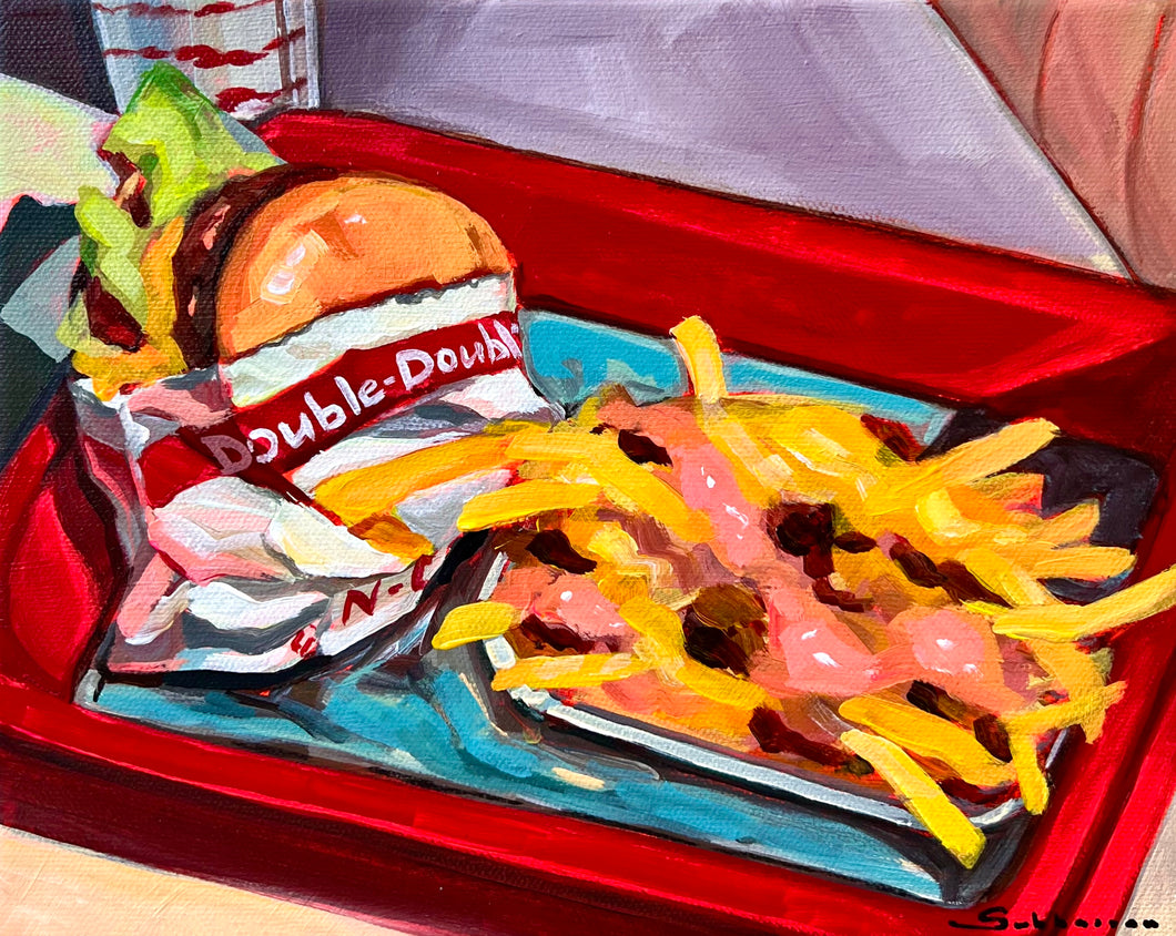 Archival giclée print of the Original acrylic painting on wood panel Still Life with Double In-N-Out Burger and French Fries N3
