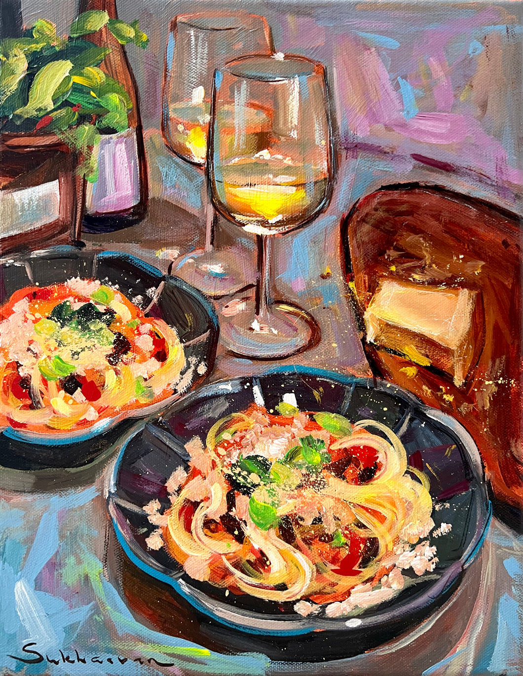 Archival giclée print of the of Original acrylic painting Still Life with Spaghetti and White Wine by Victoria Sukhasyan.
