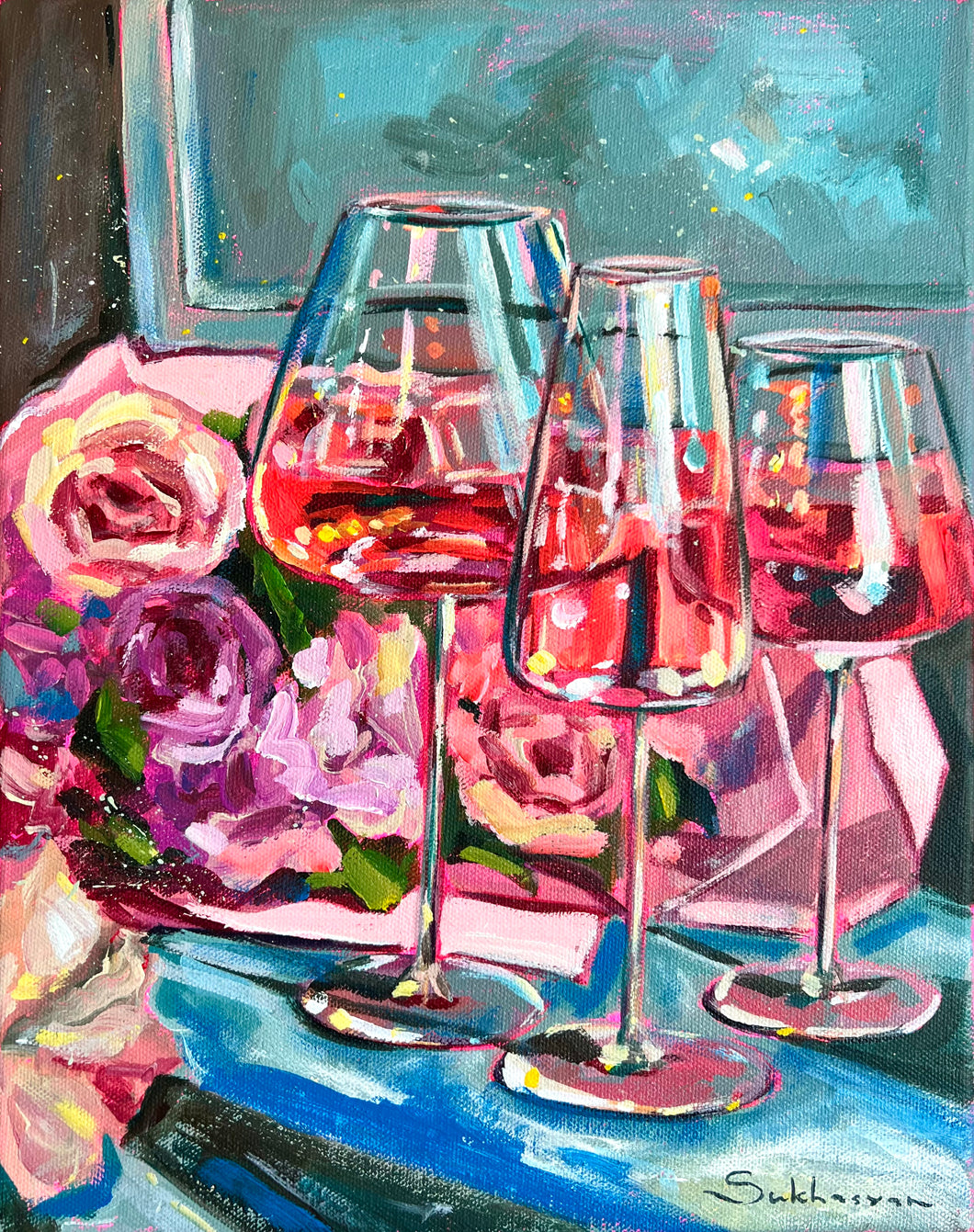 Archival giclée print of the of Original acrylic painting Still Life with Rosé Wine and Flowers by Victoria Sukhasyan