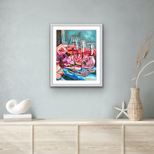Load image into Gallery viewer, Archival giclée print of the of Original acrylic painting Still Life with Rosé Wine and Flowers by Victoria Sukhasyan
