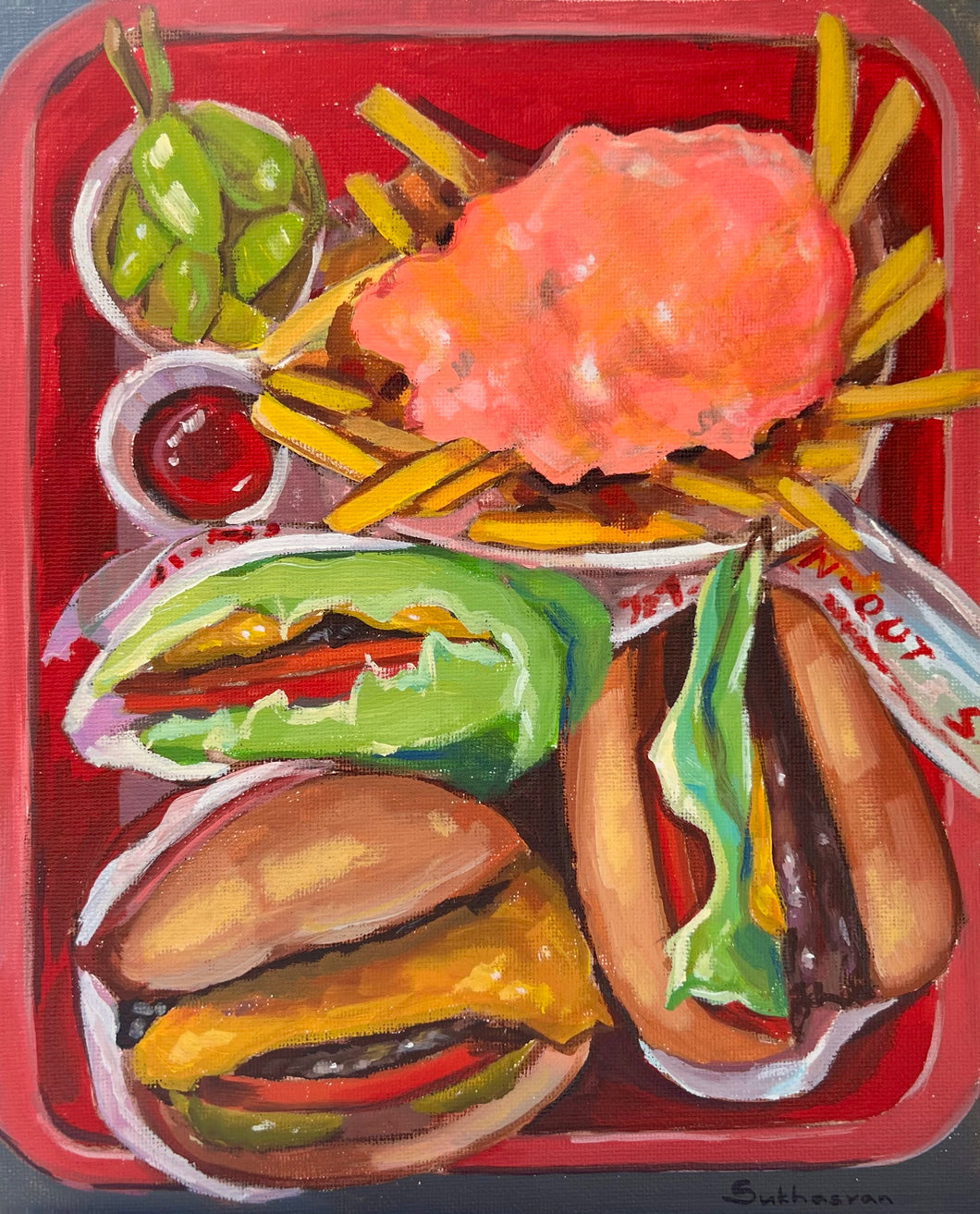 Archival giclée print of the Original acrylic painting Still life with In-N-Out Burgers and Animal Style French Fries by Victoria Sukhasyan.