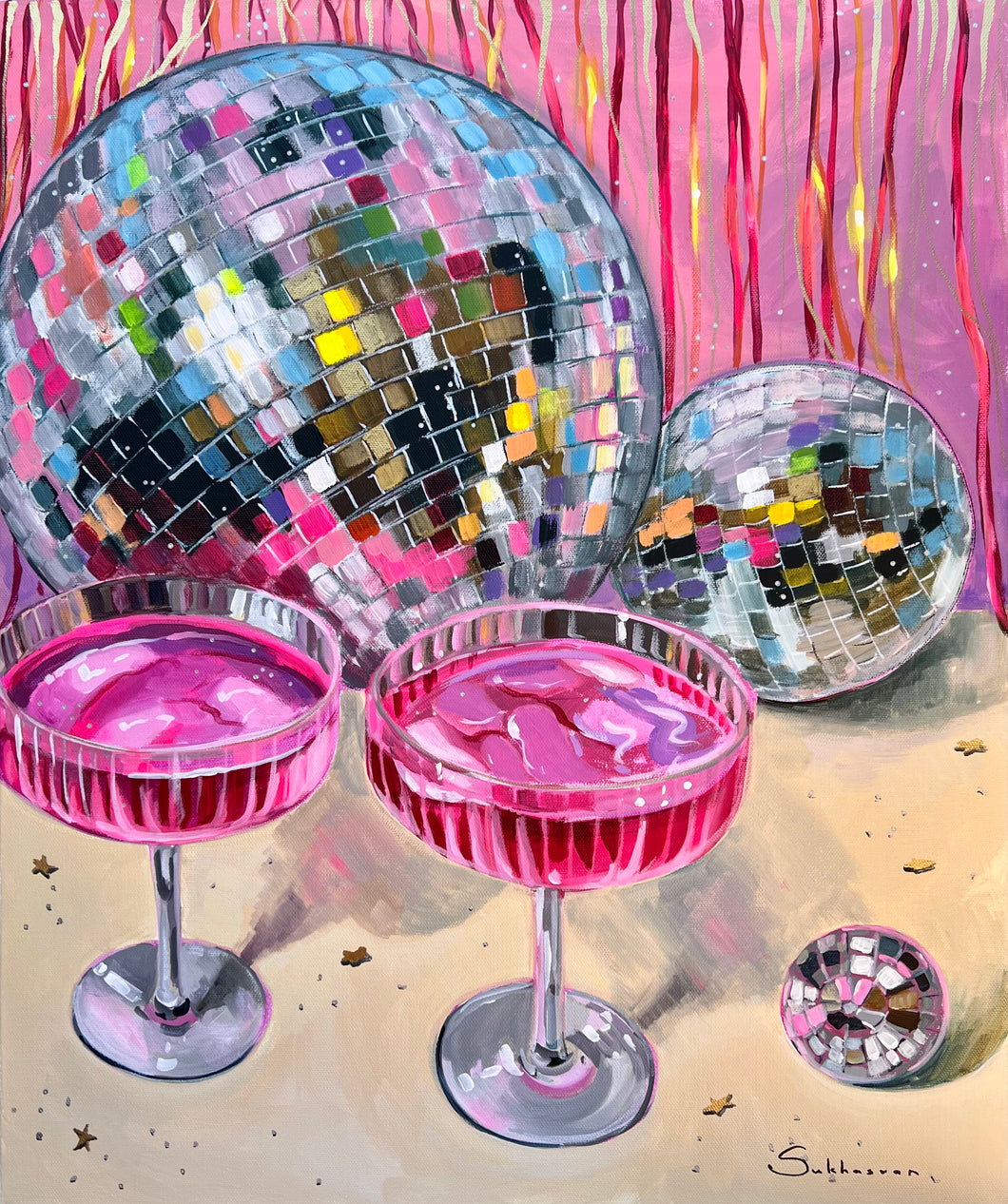 Archival giclée print of the of Original acrylics painting Still Life with Disco Balls and Cocktails by Victoria Sukhasyan.