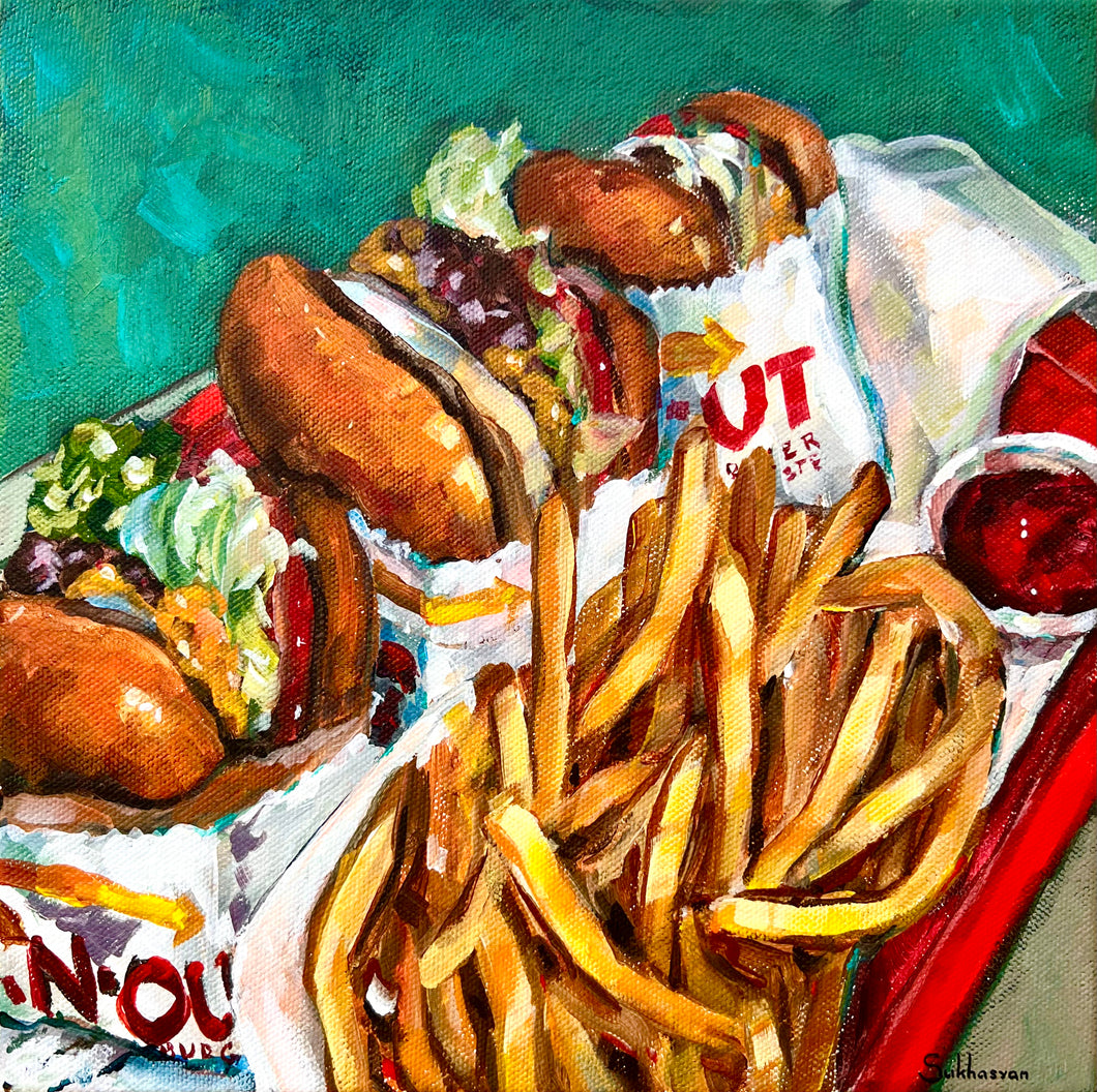 Archival giclée print of the Original acrylic painting on canvas Still Life with 3 In-N-Out Burgers and French Fries by Victoria Sukhasyan.