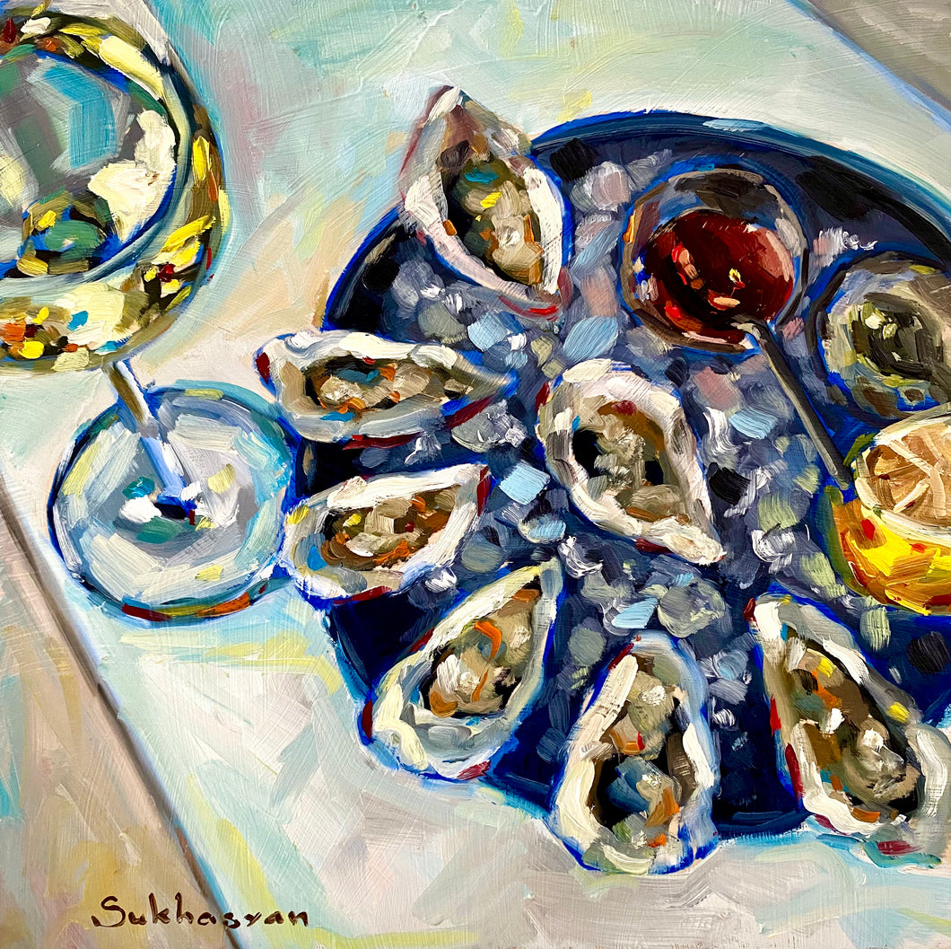 Archival giclée print of the Original oil painting on wood panel Still Life with Wine and Oysters by Victoria Sukhasyan.