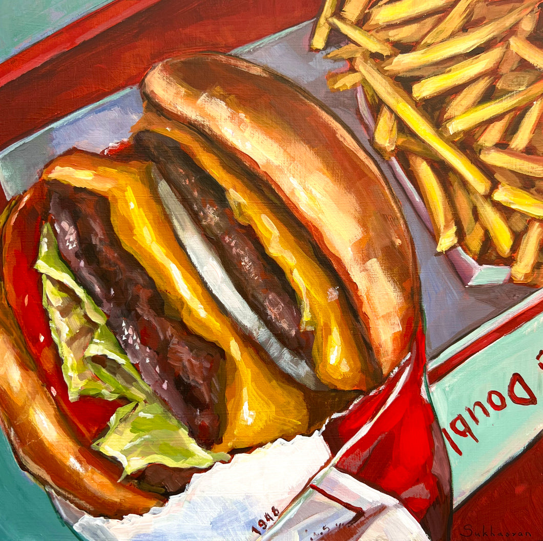 Archival giclée print of the Original acrylic painting on canvas Still Life with Double In-N-Out Burger and Fries by Victoria Sukhasyan.