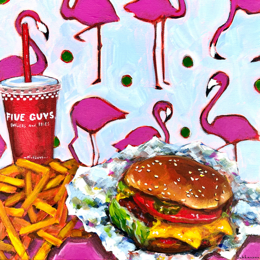 Archival giclée print of the Original Painting Still life with Five Guys Burger, French Fries and Pink Flamingos by Victoria Sukhasyan.