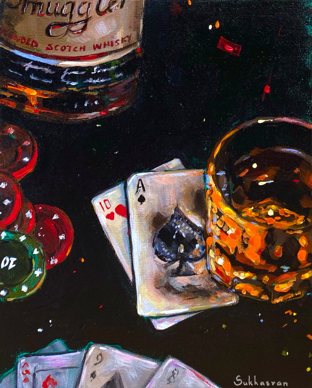 Archival giclée print of the of Original acrylic painting Poker and Whiskey still life by Sukhasyan.
