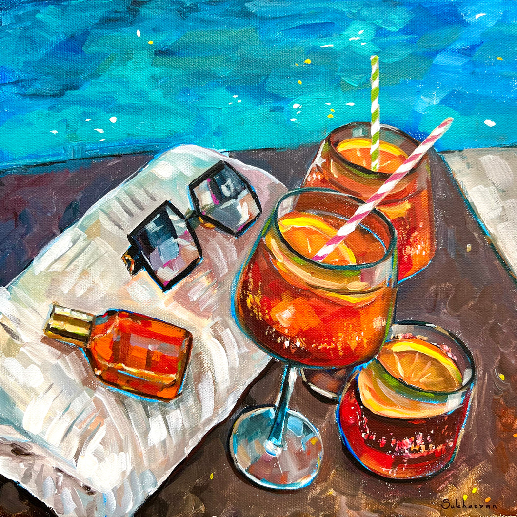 Archival giclée print of the Original acrylic painting on canvas Aperol Spritz by the Pool by Victoria Sukhasyan