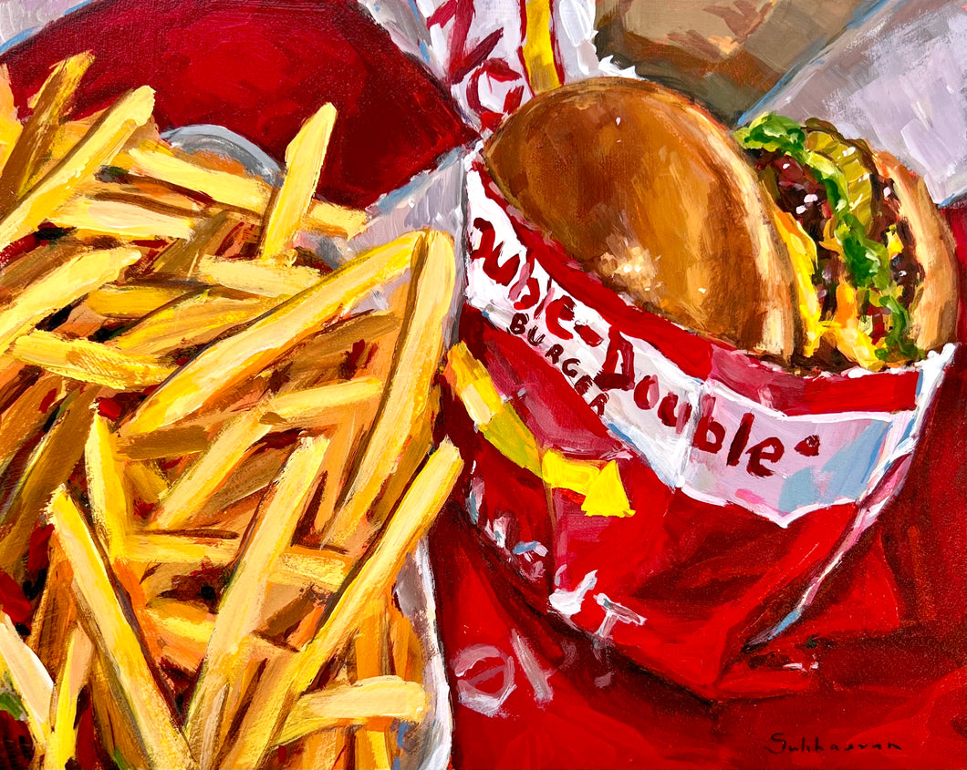 Archival giclée print of the Original acrylic painting on wood panel Still Life with Double In-N-Out Burger and French Fries N2.