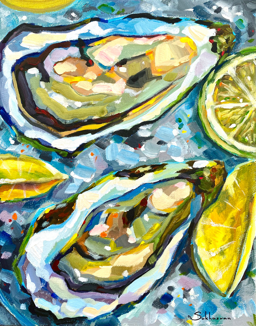 Archival giclée print of the Original acrylic painting Still Life with Oysters, Lemon and Lime by Sukhasyan.
