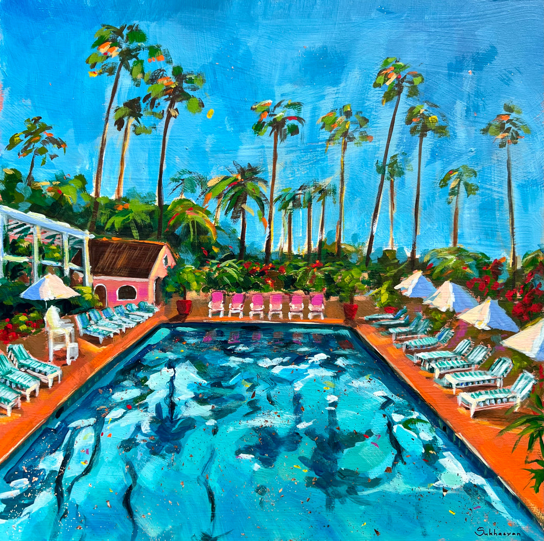 Archival giclée print of the Original acrylic painting By the Pool. California Scenery by Victoria Sukhasyan.