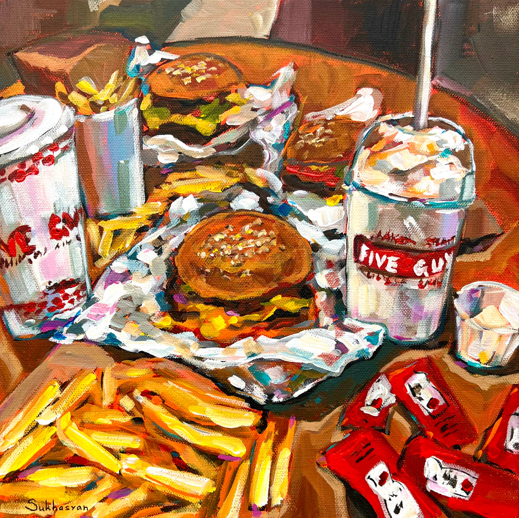 Still life with Five Guys burgers and French Fries