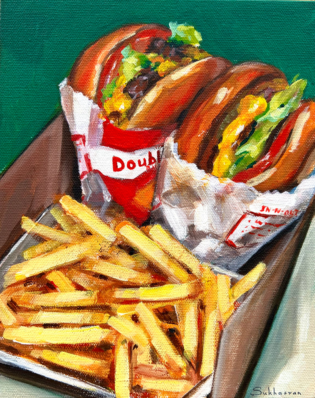 Archival giclée print of the Original acrylic painting Still life with 2 In-N-Out Burgers and French Fries by Victoria Sukhasyan.