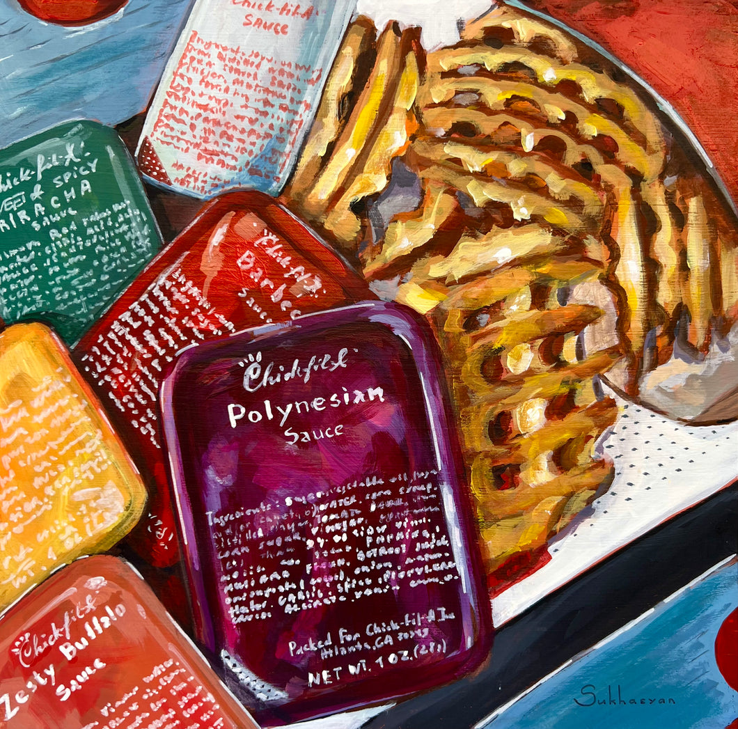 Archival giclée print of the Original acrylic painting on wood panel Still Life with French Fries and Sauces by Victoria Sukhasyan.