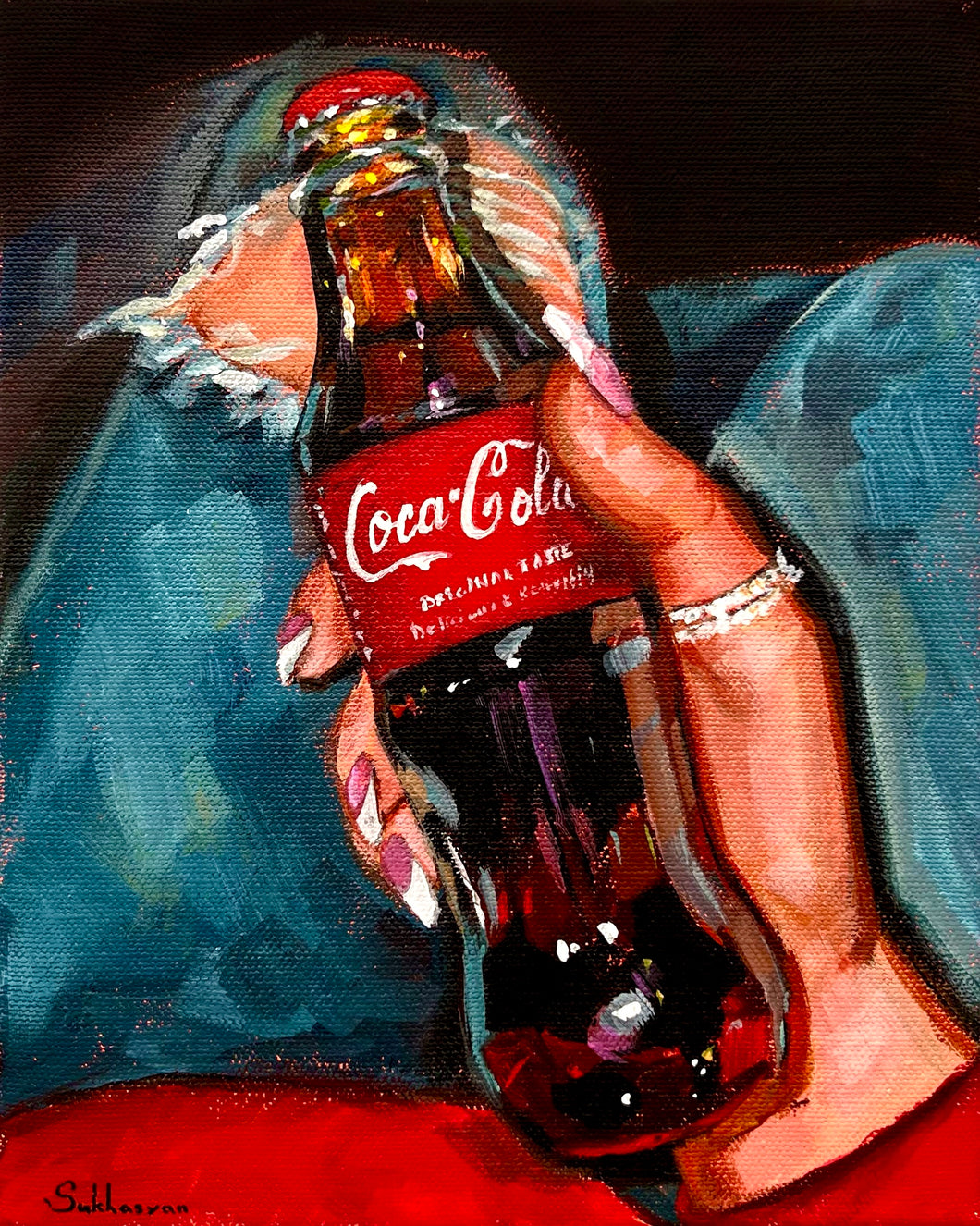 Archival giclée print of the Original acrylic painting Coca-Cola and Blue Jeans by Victoria Sukhasyan.