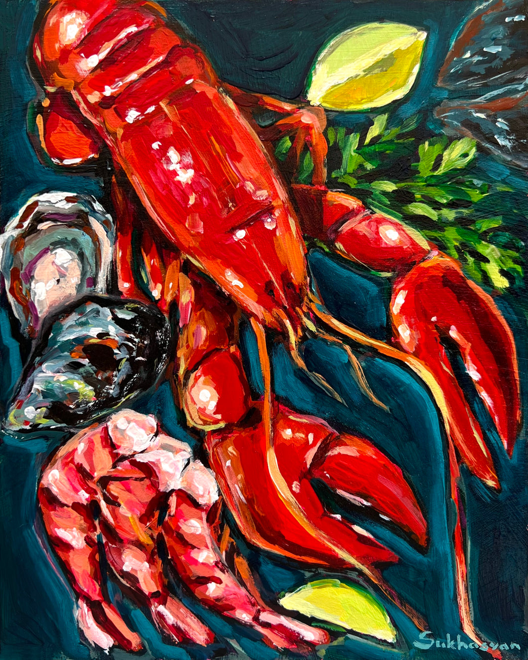 Still life with Lobster, Shrimps and Lime slices