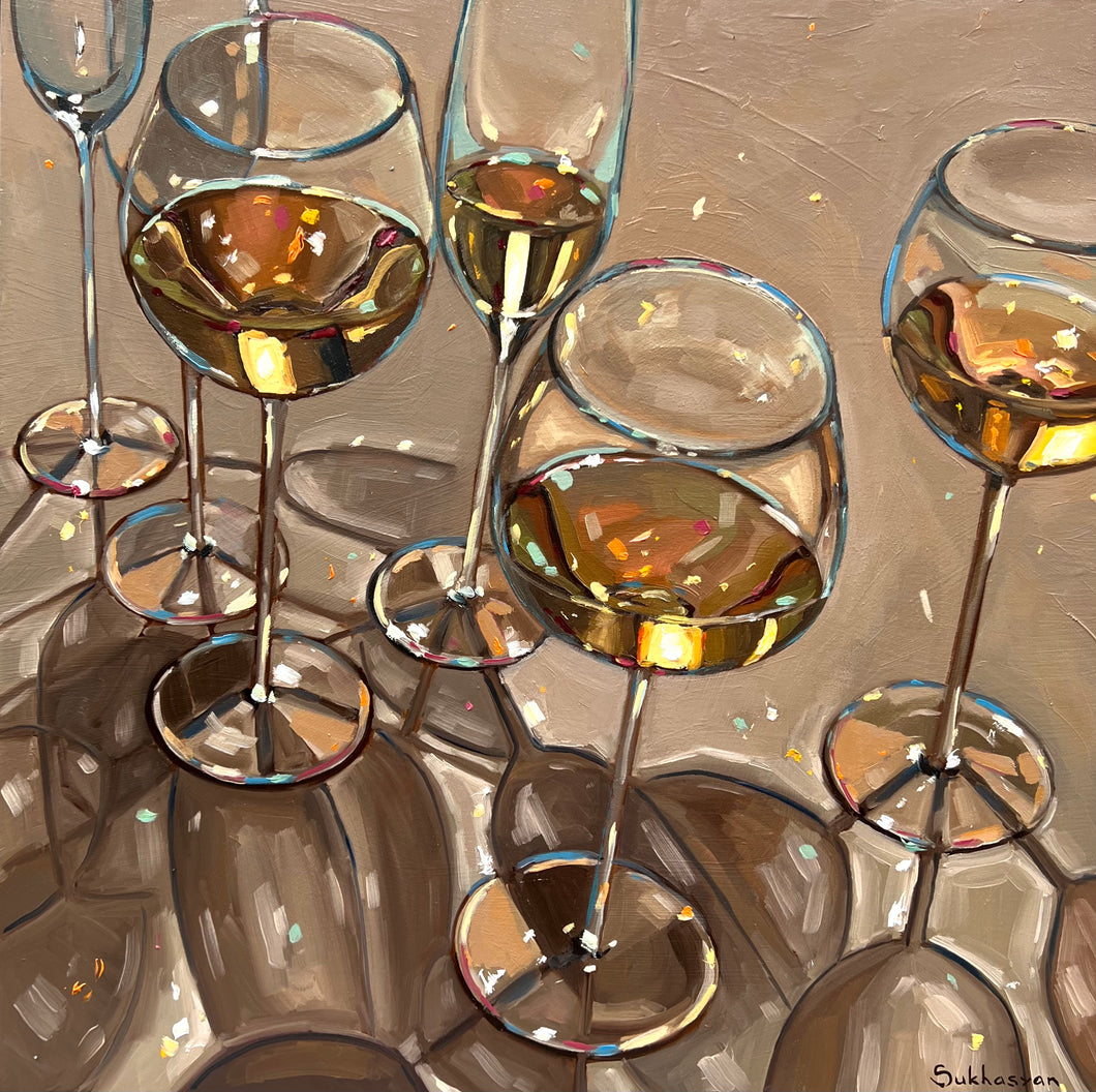 Archival giclée print of the Original oil painting on wood panel Still Life Wine Glasses by Victoria Sukhasyan.