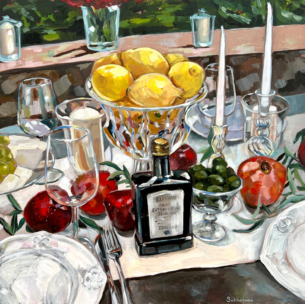Archival giclée print of the Original acrylic painting on wood panel Tuscan Still Life by Victoria Sukhasyan.